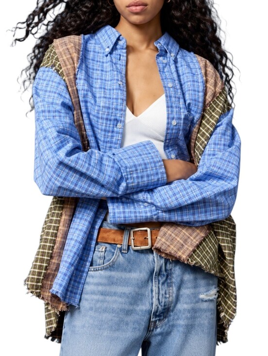 BDG Tops - BDG UO Spliced Dad Button Down Patchwork Plaid Oversized Cottagecore Y2K Indie S